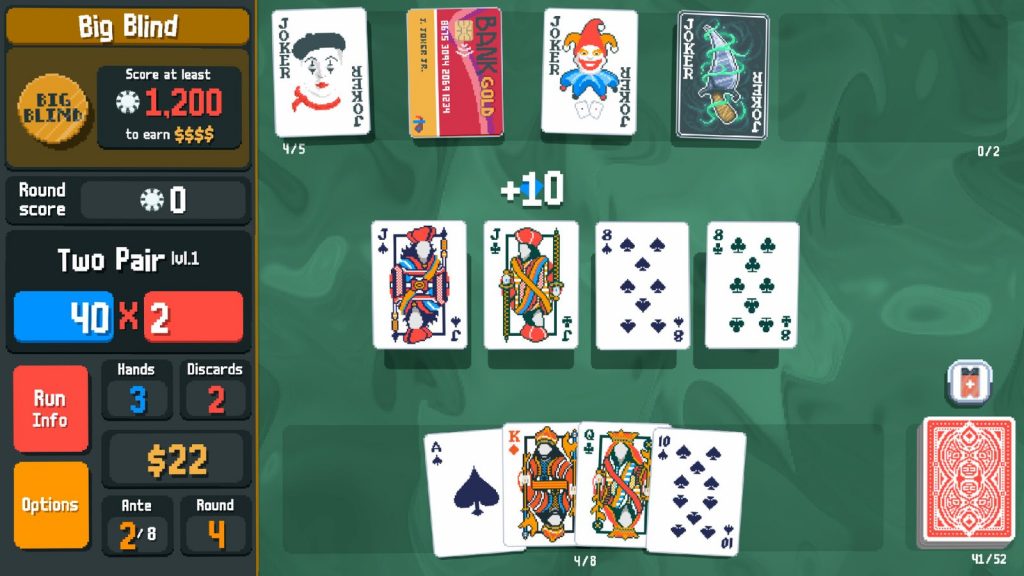 Balatro run in progress with a row of Jokers above the hand