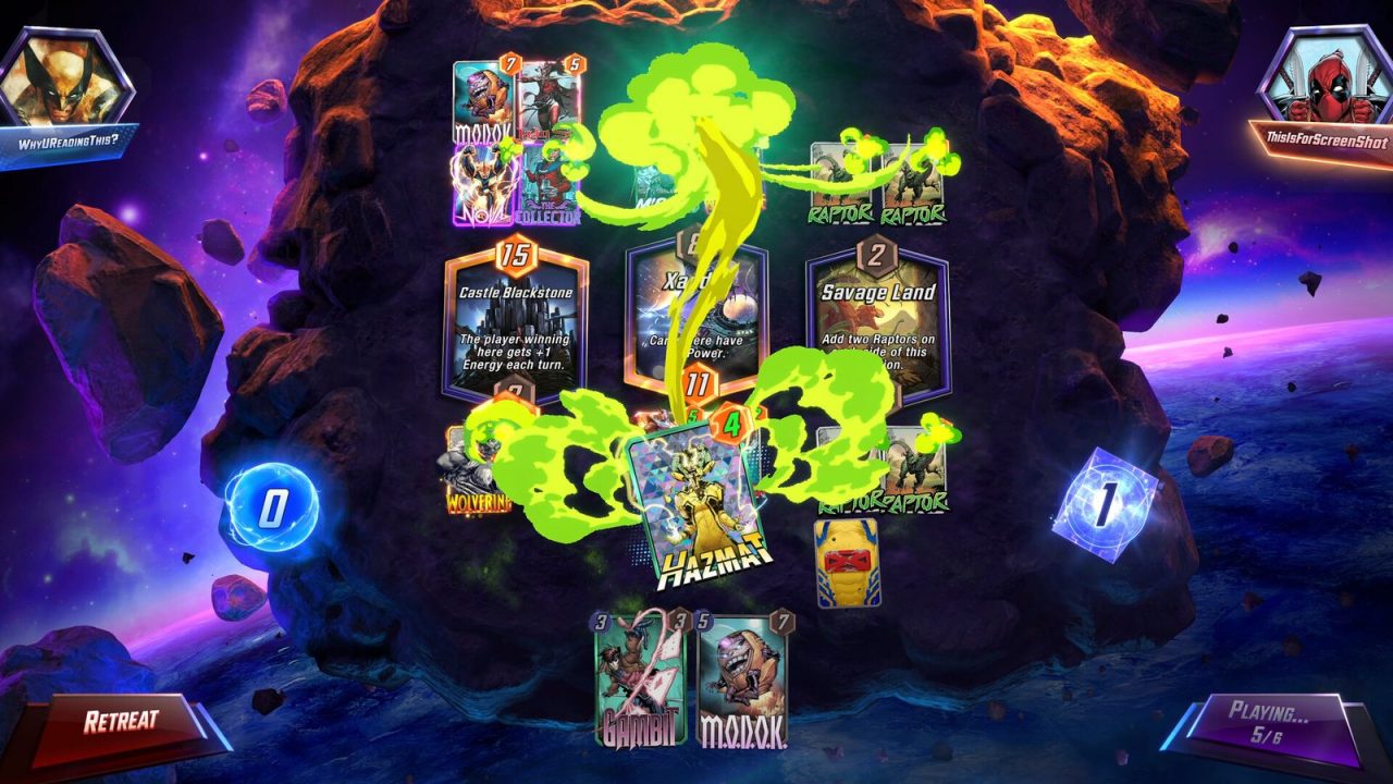 Marvel Snap match with cards played at three locations