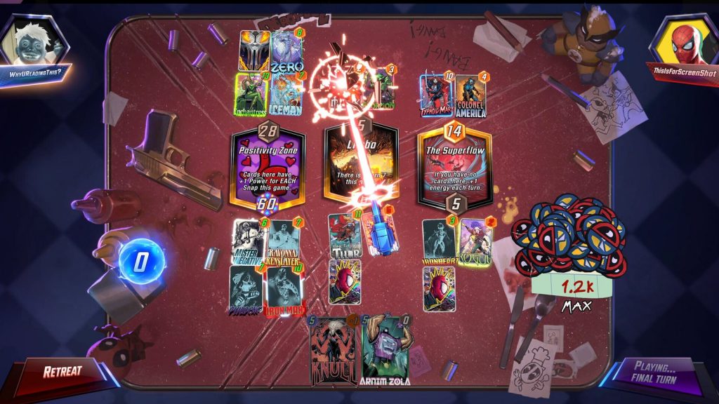 Marvel Snap match board with three revealed locations