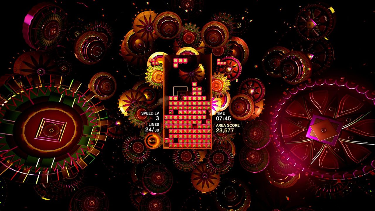 Tetris Effect: Connected gameplay with glowing falling tetrominoes