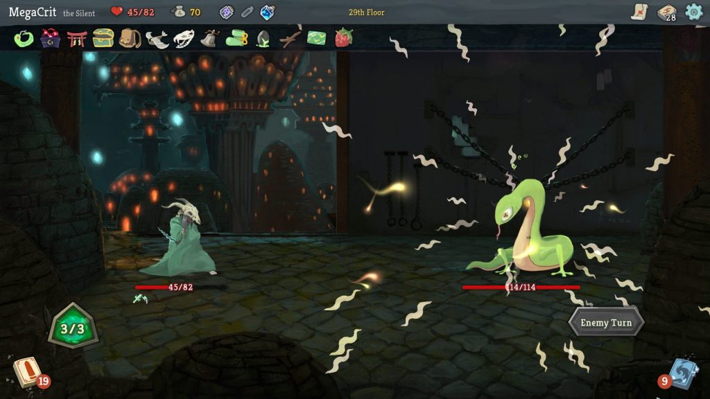 A Slay the Spire combat with cards in hand and enemy intents shown